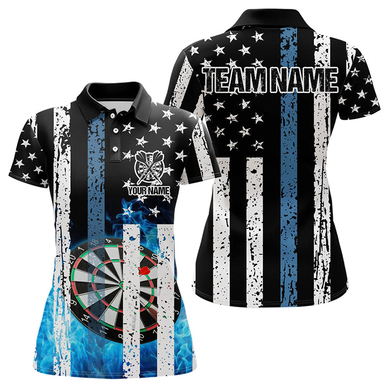 Blue Flame Dart Board Black and White American Flag Custom Team Dart Polo, Quarter Zip Shirt For Women NQS9201
