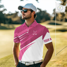 Load image into Gallery viewer, Pink and white Mens golf polo shirts custom golf tops for mens, personalized golf gifts NQS11273