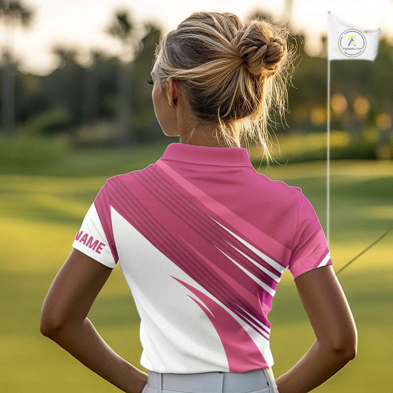 Pink and white Womens golf polo shirts custom golf tops for ladies, personalized golf gifts NQS11273