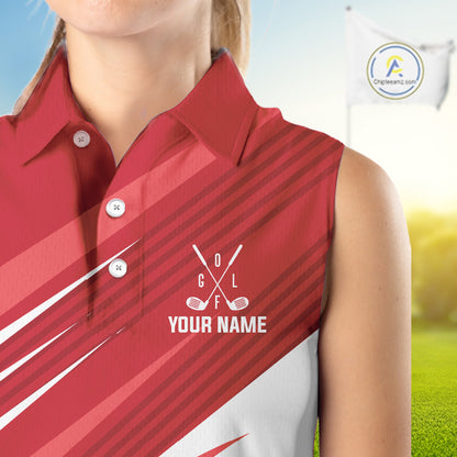 Red and white Sleeveless Golf Polo Shirt custom golf tops for ladies, personalized golf gifts NQS11274