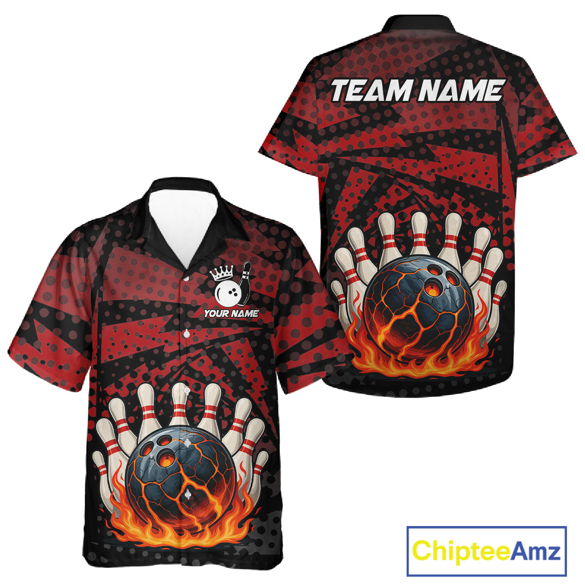 Black and Red pattern Flame Bowling Hawaiian Shirt Custom Team Bowling Button up shirt NQS11277