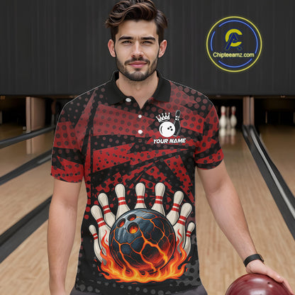 Black and Red pattern Flame Bowling Polo, 1/4 zip shirts For Men Custom Team Bowling Jerseys NQS11277