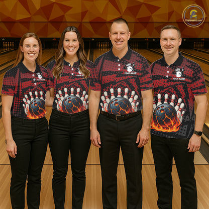 Black and Red pattern Flame Bowling Polo, 1/4 zip shirts For Men Custom Team Bowling Jerseys NQS11277