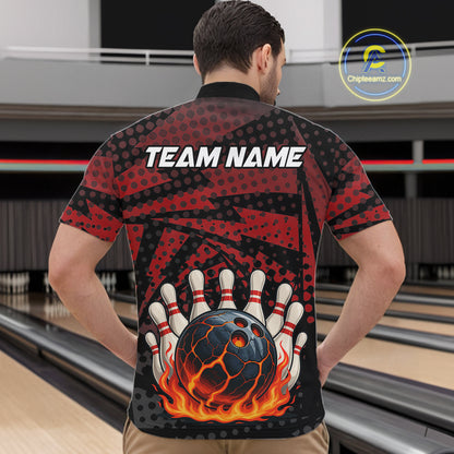 Black and Red pattern Flame Bowling Polo, 1/4 zip shirts For Men Custom Team Bowling Jerseys NQS11277
