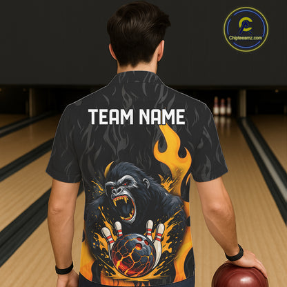 Black and Orange Flame Gorilla Bowling Hawaiian Shirt Custom Gorilla Team Bowling Jerseys NQS11279