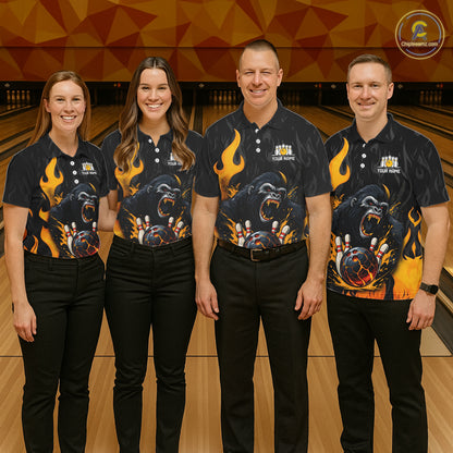 Black and Orange Flame Gorilla Bowling shirts For Men Custom Gorilla Team Bowling Jerseys NQS11279