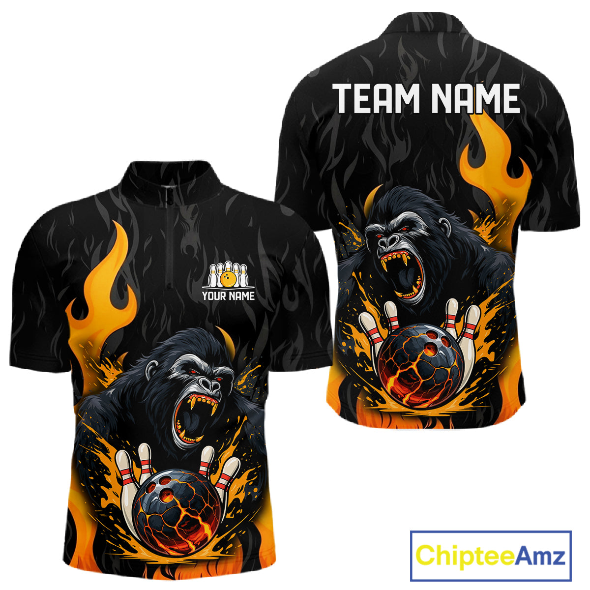 Black and Orange Flame Gorilla Bowling shirts For Men Custom Gorilla Team Bowling Jerseys NQS11279