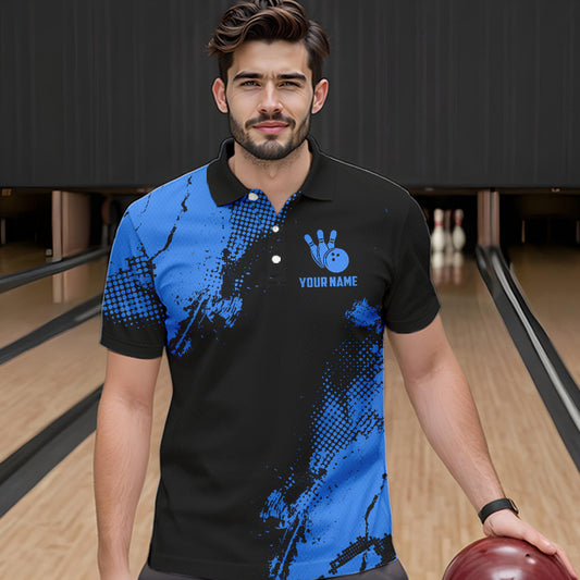 Black and Blue Retro Mens Bowling Polo, Quarter Zip shirts Custom team bowling jerseys mens outfit NQS9393