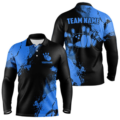 Black and Blue Retro Mens Bowling Polo, Quarter Zip shirts Custom team bowling jerseys mens outfit NQS9393