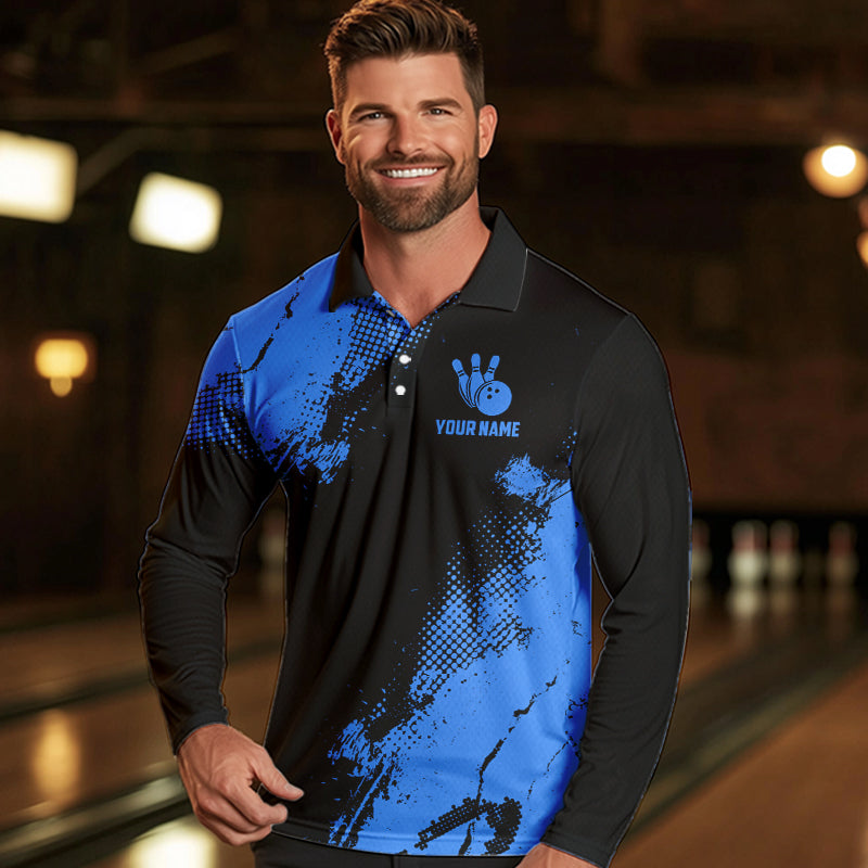Black and Blue Retro Mens Bowling Polo, Quarter Zip shirts Custom team bowling jerseys mens outfit NQS9393