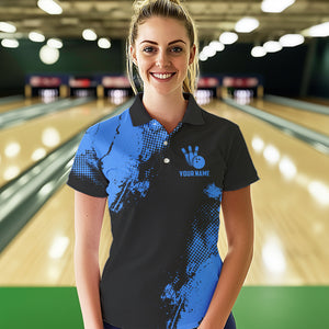 Black and Blue Retro Women Bowling Polo, Quarter Zip shirts Custom team bowling jerseys ladies outfit NQS9393