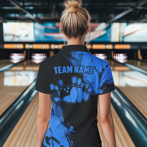 Black and Blue Retro Women Bowling Polo, Quarter Zip shirts Custom team bowling jerseys ladies outfit NQS9393