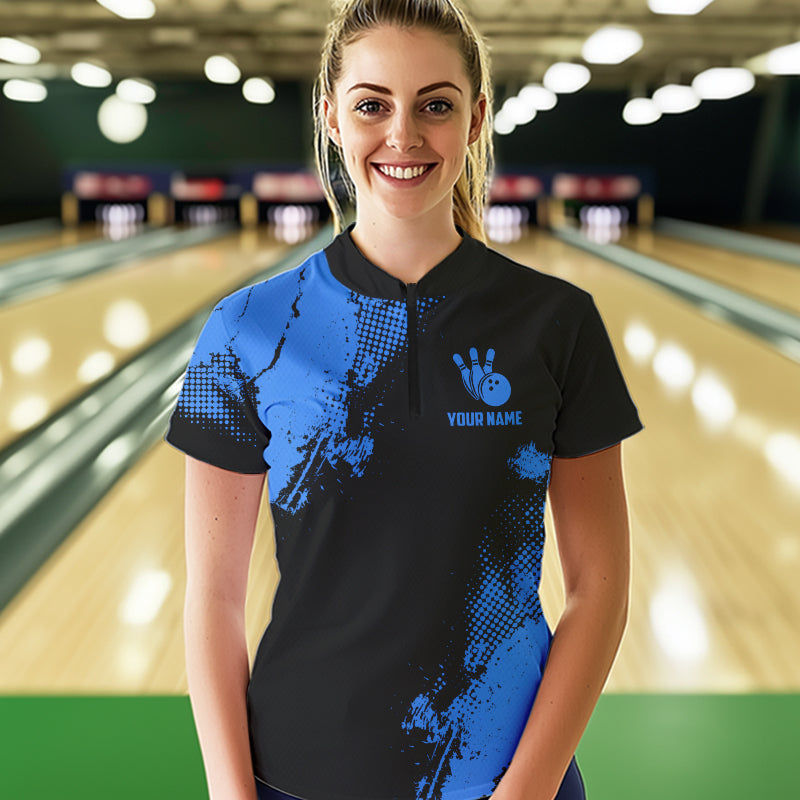 Black and Blue Retro Women Bowling Polo, Quarter Zip shirts Custom team bowling jerseys ladies outfit NQS9393