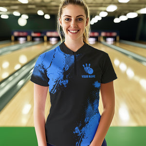 Black and Blue Retro Women Bowling Polo, Quarter Zip shirts Custom team bowling jerseys ladies outfit NQS9393