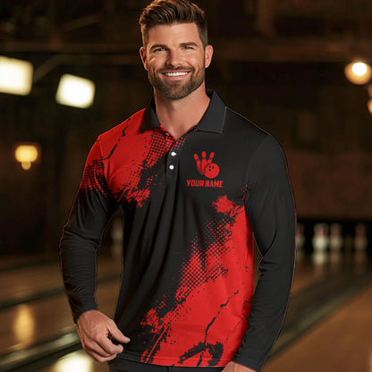 Black and Red Retro Mens Bowling Polo, Quarter Zip shirts Custom team bowling jerseys mens outfit NQS9394