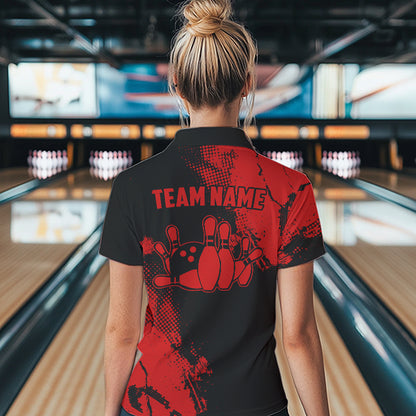 Black and Red Retro Women Bowling Polo, Quarter Zip shirts Custom team bowling jerseys ladies outfit NQS9394