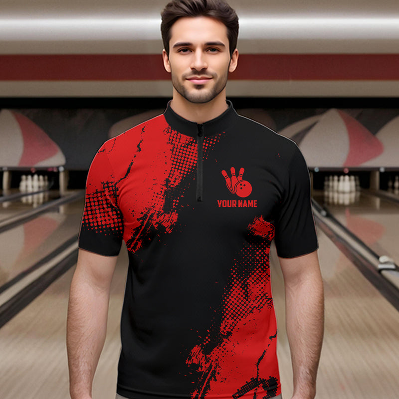 Black and Red Retro Mens Bowling Polo, Quarter Zip shirts Custom team bowling jerseys mens outfit NQS9394