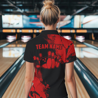 Black and Red Retro Women Bowling Polo, Quarter Zip shirts Custom team bowling jerseys ladies outfit NQS9394