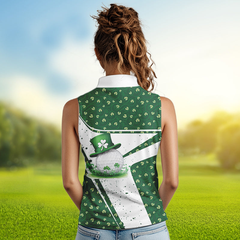 Green and White clover pattern Women sleeveless polo shirt Customize St Patrick Day ladies golf attire NQS9396