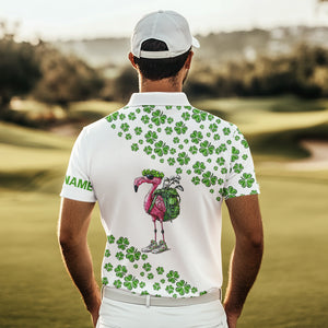 Funny Flamingo Green clover pattern White golf polo shirt for Men Custom St Patrick Day golf apparel NQS9399