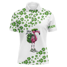 Load image into Gallery viewer, Funny Flamingo Green clover pattern White golf polo shirt for Men Custom St Patrick Day golf apparel NQS9399