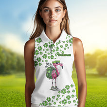 Load image into Gallery viewer, Funny Flamingo Green clover pattern White sleeveless golf polos Custom St Patrick Day golf apparel NQS9399