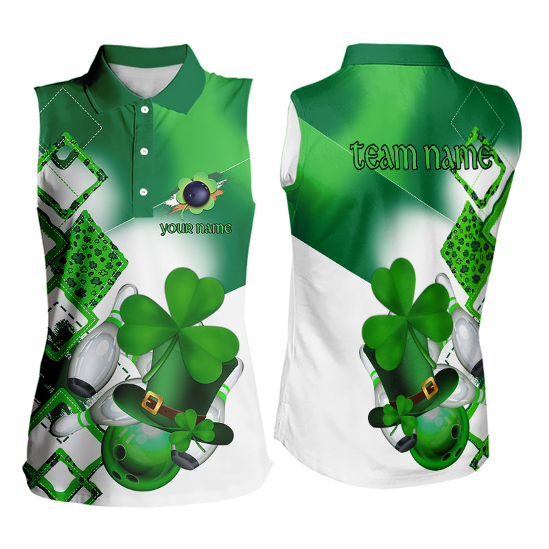 Green shamrock Women Bowling Sleeveless Polo Shirt Custom St Patrick Day team league bowling jersey NQS9556