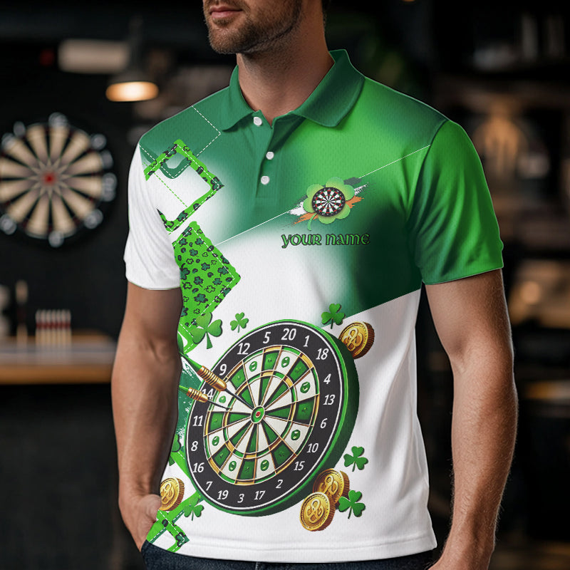 Green shamrock Mens Darts Polo, Quarter Zip shirts Custom St Patrick Day team league darts jersey NQS9557