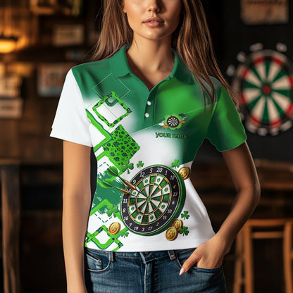 Green shamrock Women Darts Polo, Quarter Zip shirts Custom St Patrick Day team league darts jersey NQS9557