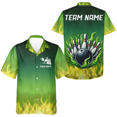 Personalized Yellow Green Flame Bowling Hawaiian Shirts Custom Team Bowling button up shirts NQS9559