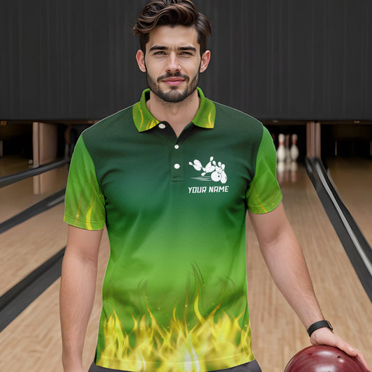 Personalized Yellow Green Flame Bowling Polo, Quarter Zip Shirts For Men Custom Team Bowling Jersey NQS9559