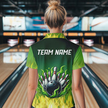 Load image into Gallery viewer, Personalized Yellow Green Flame Bowling Polo, Quarter Zip Shirts For Women Custom Team Bowling Jersey NQS9559