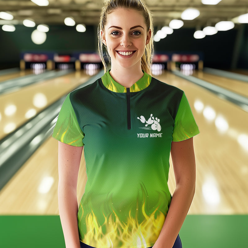 Personalized Yellow Green Flame Bowling Polo, Quarter Zip Shirts For Women Custom Team Bowling Jersey NQS9559
