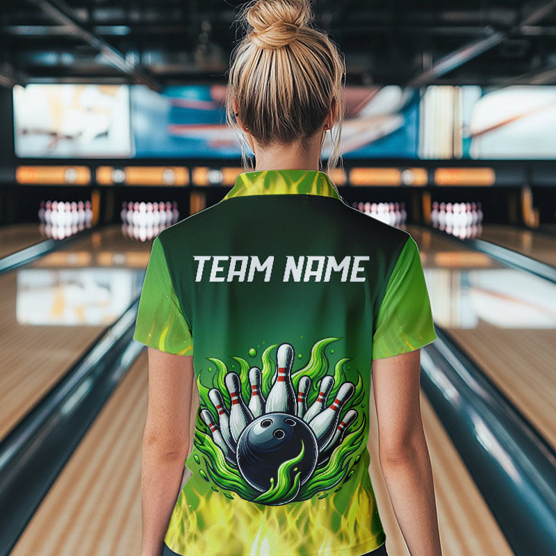 Personalized Yellow Green Flame Bowling Polo, Quarter Zip Shirts For Women Custom Team Bowling Jersey NQS9559