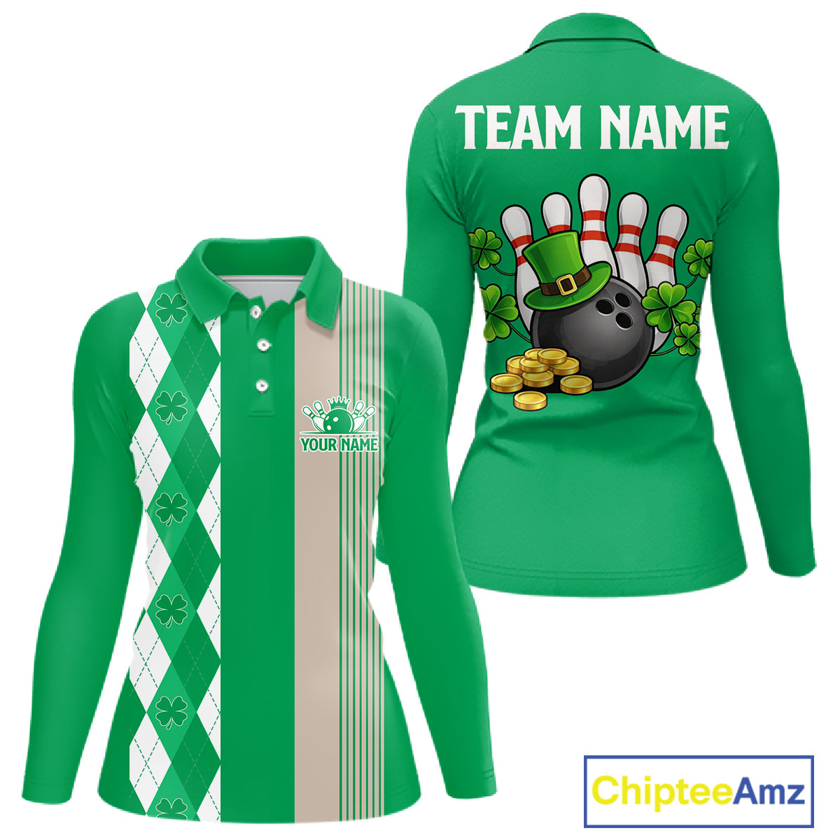 Retro Green argyle pattern shamrock Bowling shirts For Women custom St Patrick's bowling team jersey NQS11667