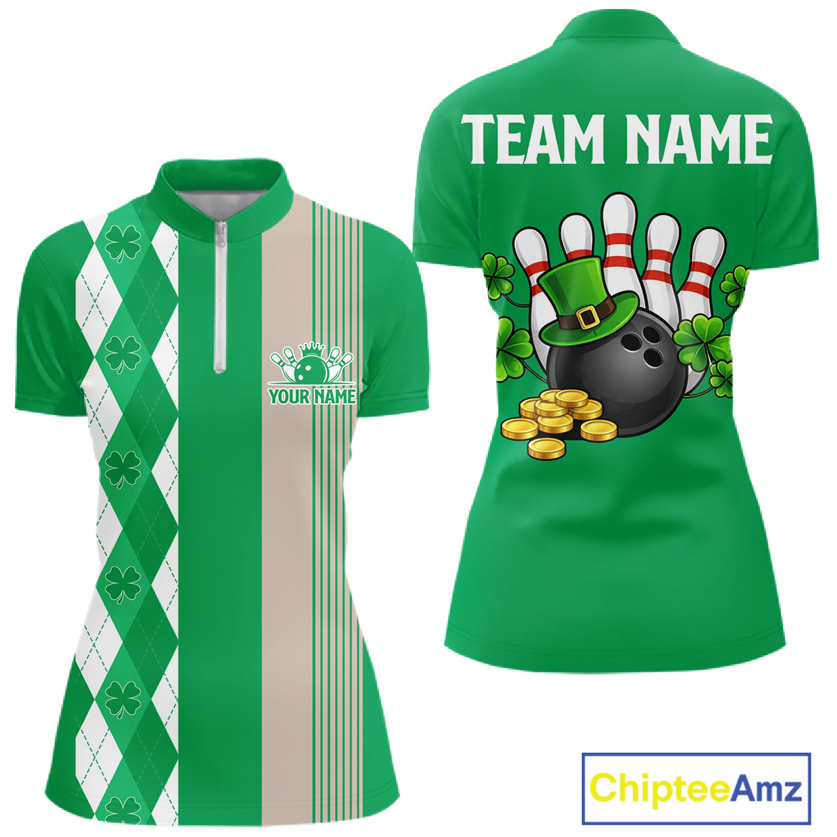 Retro Green argyle pattern shamrock Bowling shirts For Women custom St Patrick's bowling team jersey NQS11667
