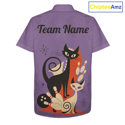 Custom retro bowling Hawaiian shirts Cat Bowling jersey Team Bowling button up Shirt | Purple NQS11668