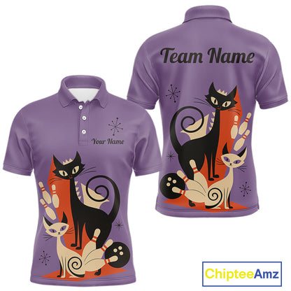 Custom retro bowling shirts Cat Bowling jersey for men Team Bowling Polo, 1/4 Zip Shirts | Purple NQS11668