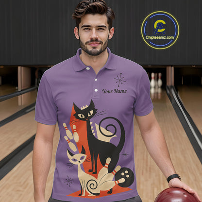 Custom retro bowling shirts Cat Bowling jersey for men Team Bowling Polo, 1/4 Zip Shirts | Purple NQS11668