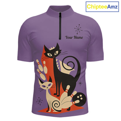 Custom retro bowling shirts Cat Bowling jersey for men Team Bowling Polo, 1/4 Zip Shirts | Purple NQS11668