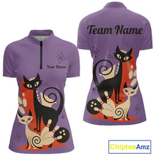 Load image into Gallery viewer, Custom retro bowling shirts Cats Bowling jersey for Women Team Bowling Polo, 1/4 Zip Shirts | Purple NQS11668