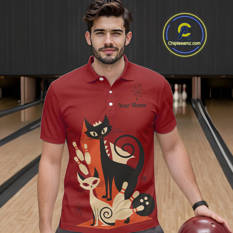 Custom retro bowling shirts Cat Bowling jersey for men Team Bowling Polo, 1/4 Zip Shirts | Red NQS11669