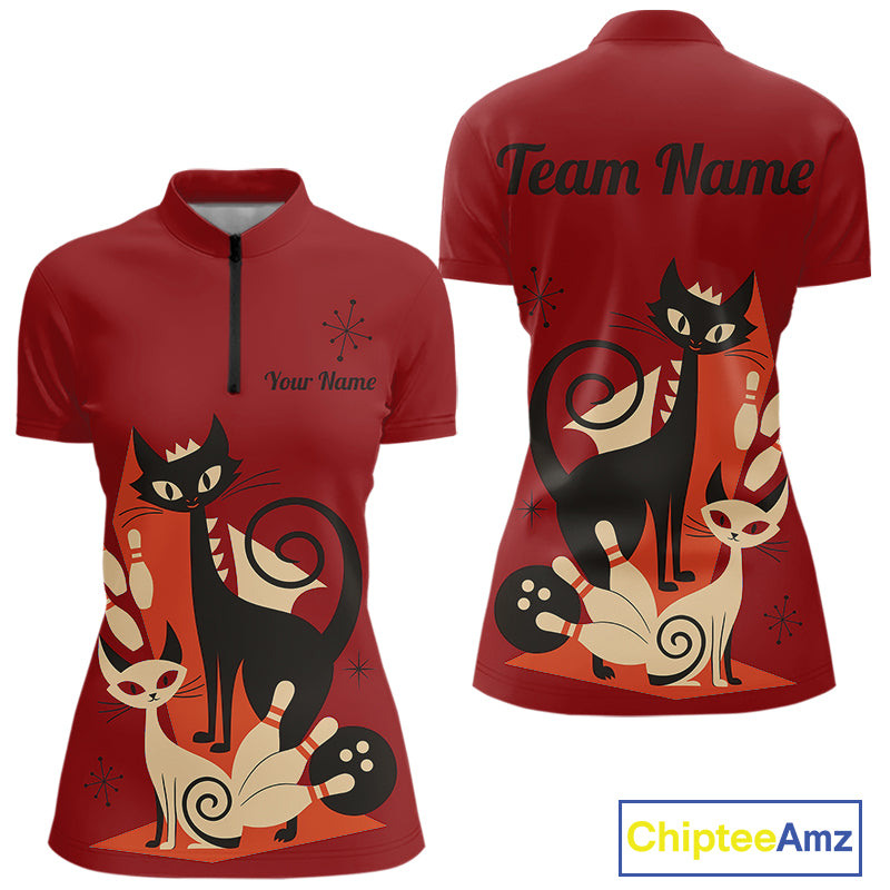Custom retro bowling shirts Cats Bowling jersey for Women Team Bowling Polo, 1/4 Zip Shirts | Red NQS11669
