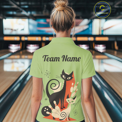 Custom retro bowling shirts Cats Bowling jersey for Women Team Bowling Polo, 1/4 Zip Shirts | Green NQS11670