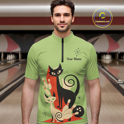 Custom retro bowling shirts Cat Bowling jersey for men Team Bowling Polo, 1/4 Zip Shirts | Green NQS11670