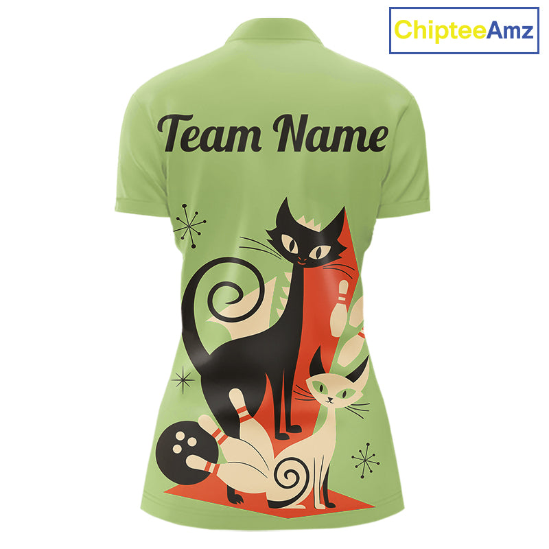 Custom retro bowling shirts Cats Bowling jersey for Women Team Bowling Polo, 1/4 Zip Shirts | Green NQS11670