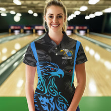 Load image into Gallery viewer, Black and Blue Tribal Eagle Bowling Polo, Quarter Zip Shirts For Women Custom Eagle Bowling Team Shirt NQS9716