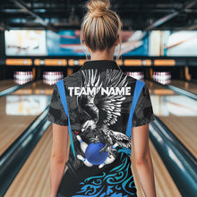 Load image into Gallery viewer, Black and Blue Tribal Eagle Bowling Polo, Quarter Zip Shirts For Women Custom Eagle Bowling Team Shirt NQS9716