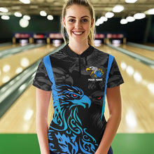 Load image into Gallery viewer, Black and Blue Tribal Eagle Bowling Polo, Quarter Zip Shirts For Women Custom Eagle Bowling Team Shirt NQS9716