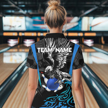 Load image into Gallery viewer, Black and Blue Tribal Eagle Bowling Polo, Quarter Zip Shirts For Women Custom Eagle Bowling Team Shirt NQS9716